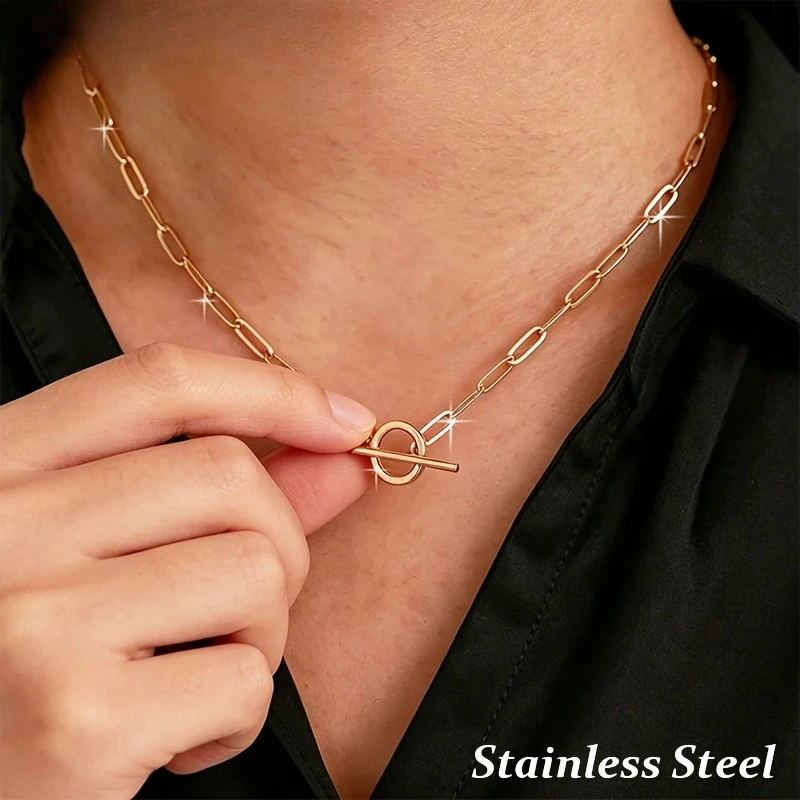 Thick Paperclip OT Clasp Necklace 316L Stainless Steel Gold Minimalist Unisex Chunky Chain Collarbone Jewelry