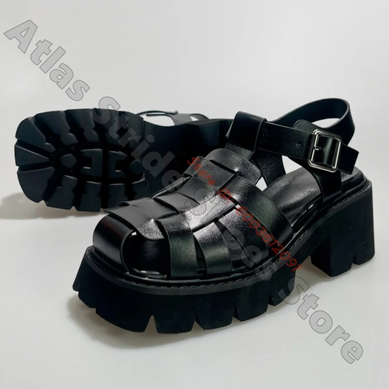 Woven Cage Chunky Platform Sandals Adjustable Buckle Ankle Strap Block Heel Lug Sole Gothic Punk Women Elevated Casual Boots