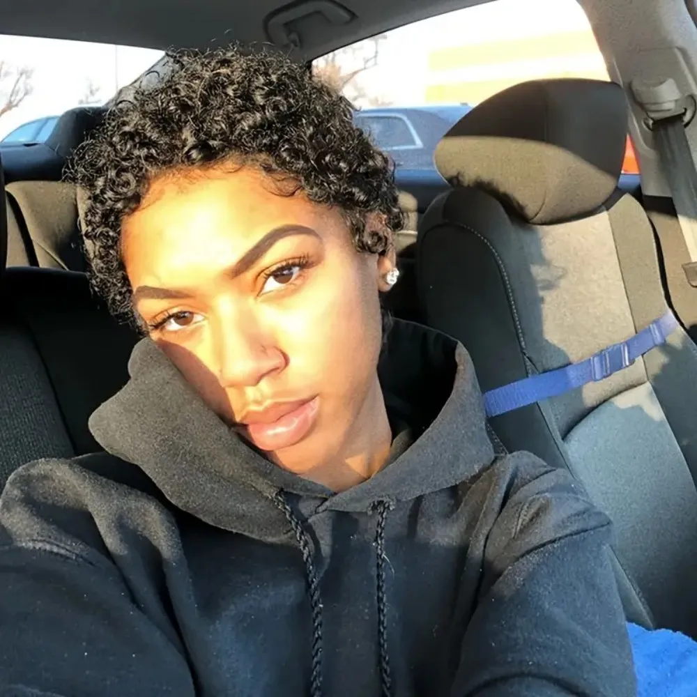 시크한 아프로 곱슬머리 인모 숏 풀 머신 메이드 가발 (여성용)