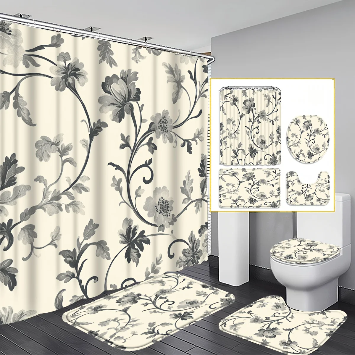 

4pc Beige and black leaf pattern bathroom set, shower curtain with hooks, non-slip mat, toilet seat cover, non-slip mat
