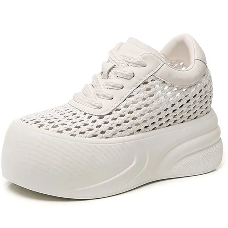 

Корейский стиль, модная повседневная обувь на толстой подошве, женские летние новые белые кроссовки из тканой сетки, универсальная обувь на платформе