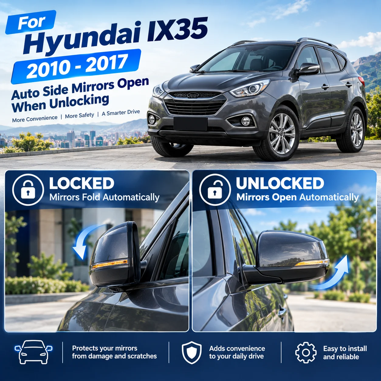 This applies to the Hyundai i35 (2010–2017) with its auto-folding rearview mirrors that open upon unlocking.