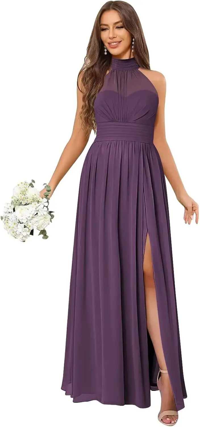 

High Neck Chiffon Bridesmaid Dresses 2025 Ruffle Pleated A Line Formal Evening Dress with Slit Party Dress Luxury Dress