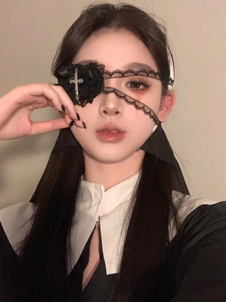 Women Sweet and Cool Black White Lace Bows Heart Cross Eye Mask Suitable for Halloween Theme Lolita Dark Gothic COS Accessories