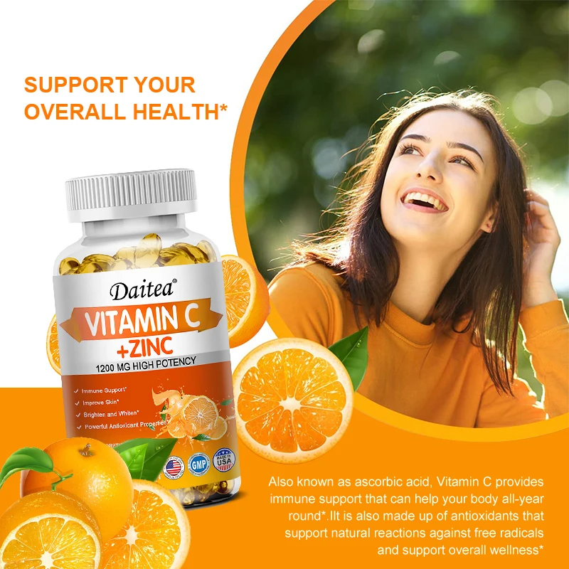 Premium Vitamin C + Zinc Capsules - Antioxidant, Promotes Cellular Energy Production and Collagen, Promotes Skin Health