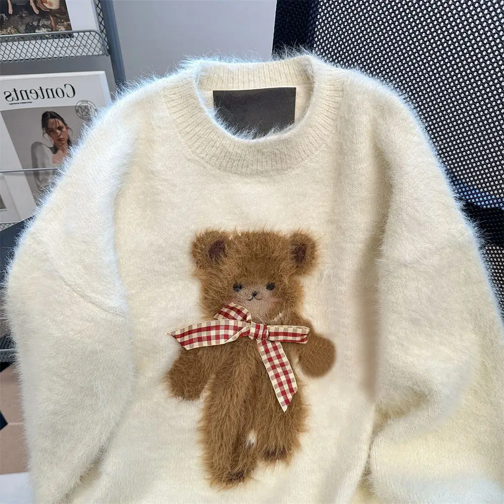 Maglione con stampa orso carino 2025 Autunno Inverno Mohair Top in maglia Coquette Capispalla moda unisex in peluche estetico