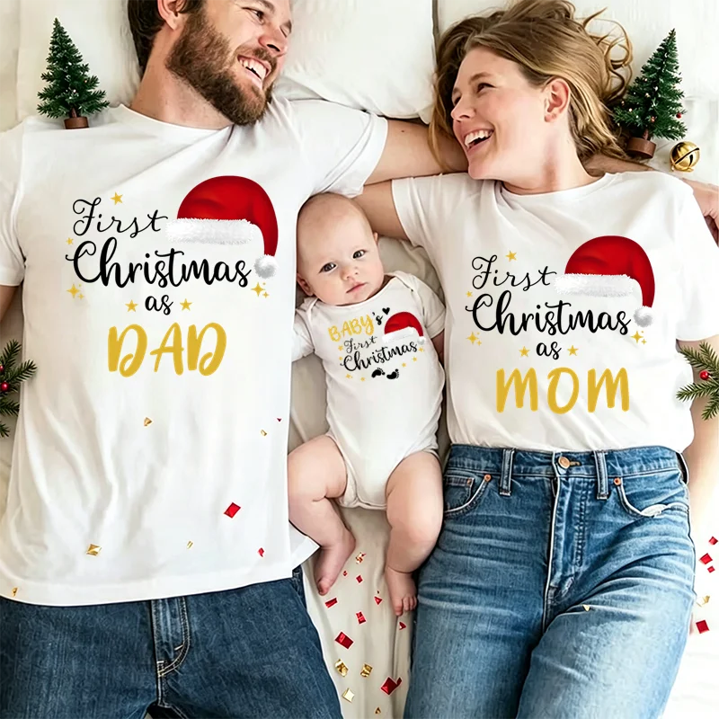 Family Matching Christmas T-shirt First Christmas As Mom Dad Brother Santa Hat Print Family Outfits Baby Romper Xmas Clothing view 5