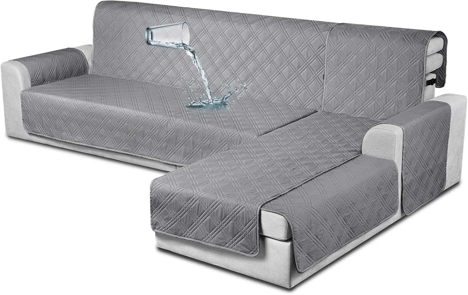 Waterproof L-Shaped Sectional Sofa Cover, Reversible with Elastic Straps, X-Large Gray for Pet and Kid Protection