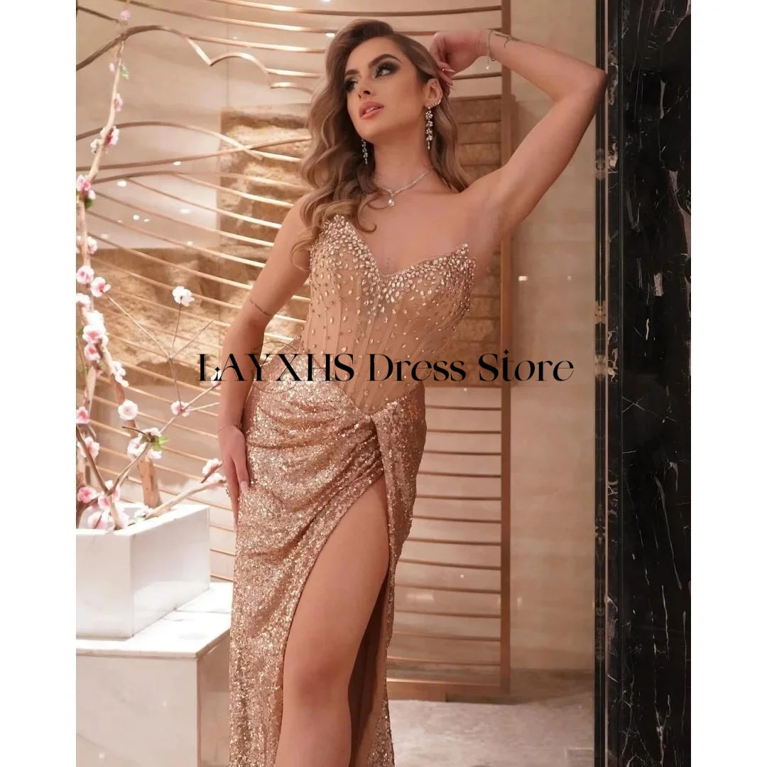 

Customized Taupe Sequin robes de soirée Beaded Glitter Strapless Prom Dress 2025 V Neck Side Slit Floor-Length Evening Gown