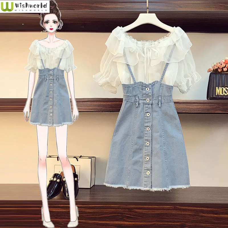 Large 2024Summer New Slim Fashion Chiffon Shirt Denim Suspender Dress Fat Sister Foreign Style Two-piece Women\'s Suit