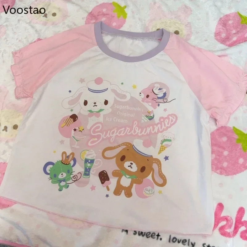 Japanese Cute Cartoon Print Lolita Short T-shirt Women Sweet Short Sleeve Tops Girls Pink Kawaii Pulovers TShirts Summer Tees