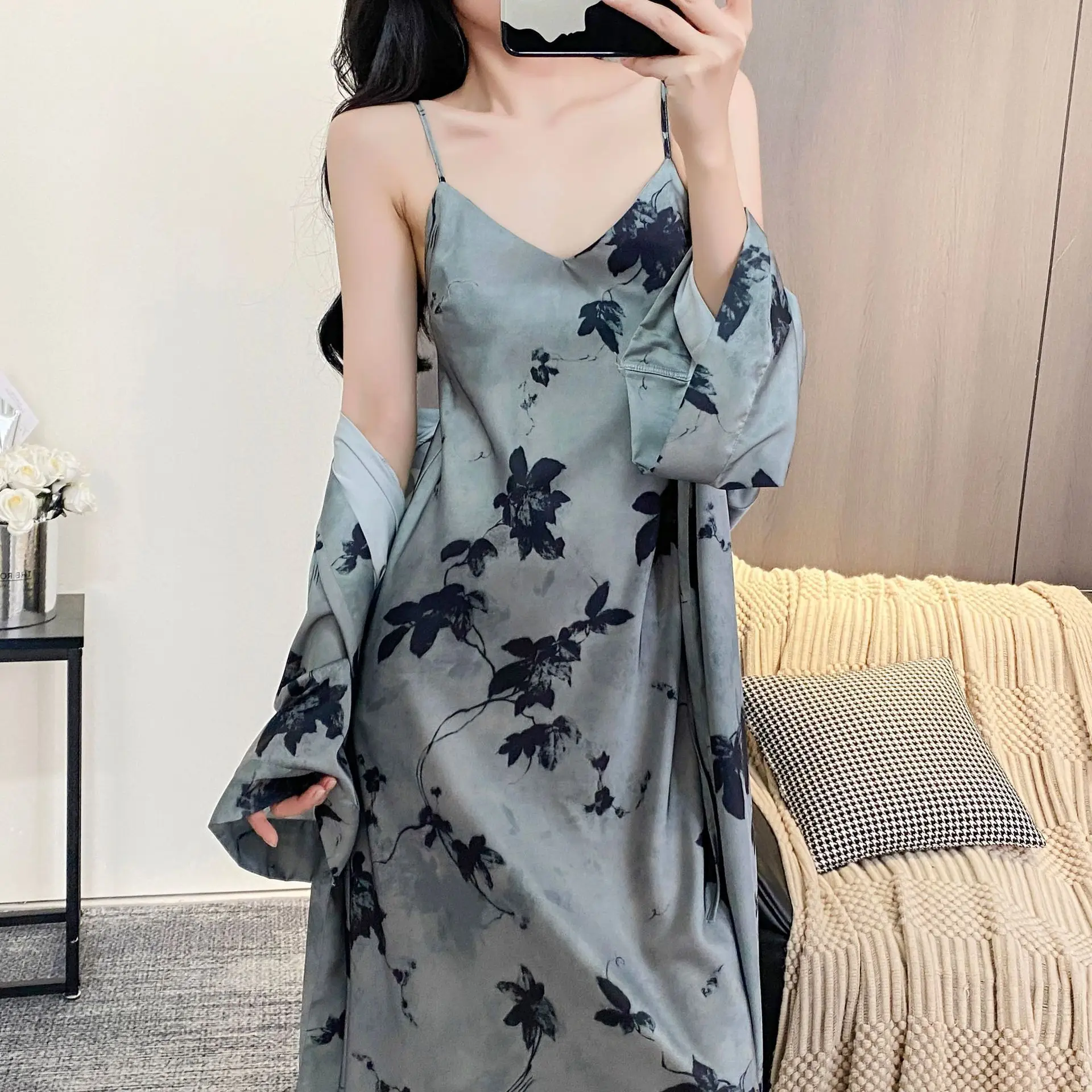 

Female Twinset Robe Set Sleepwear Print Floral Long Kimono Bathrobe Gown Sexy Ice Silk Home Night Dress Lounge Wear