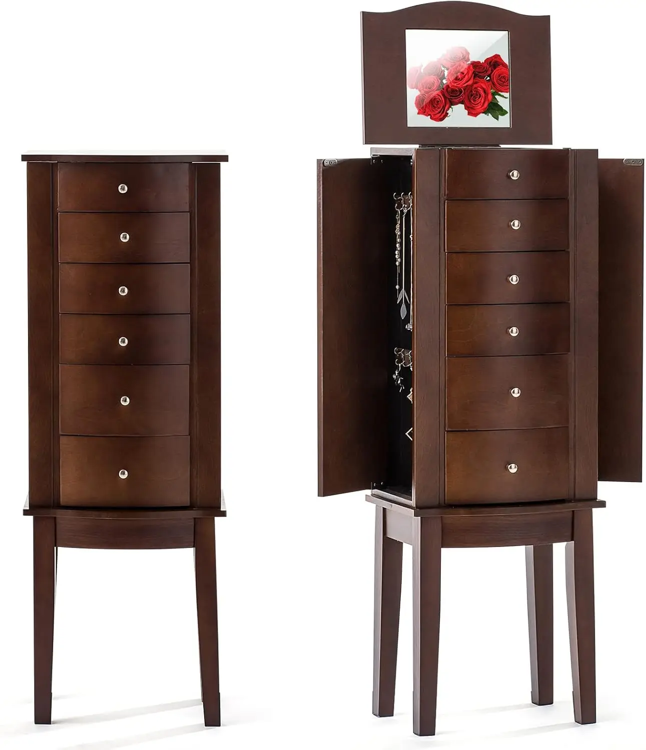 5 Drawers & 2 Side Doors Jewelry Armoire Cabinet Standing with Top Flip Makeup Mirror, jewelry chest j