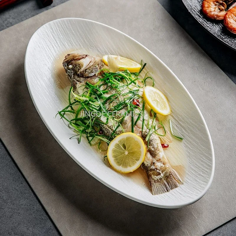 Ceramic White Plate Oval Shaped Fish Dish, Ceramic Steamed Fish Dish, Family Restaurant, Seafood Sushi Tableware, Large Tray