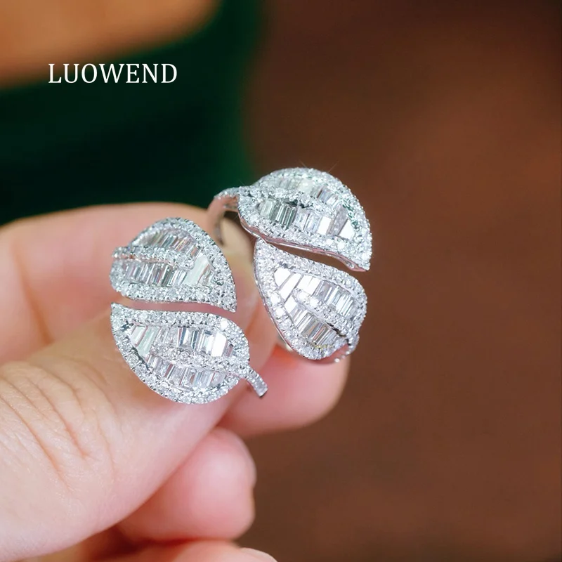 LUOWEND 100% 18K White Gold Rings Fashion Leaf Shape 1.0carat Real Natural Diamond Engagement Ring for Women High Party Jewelry