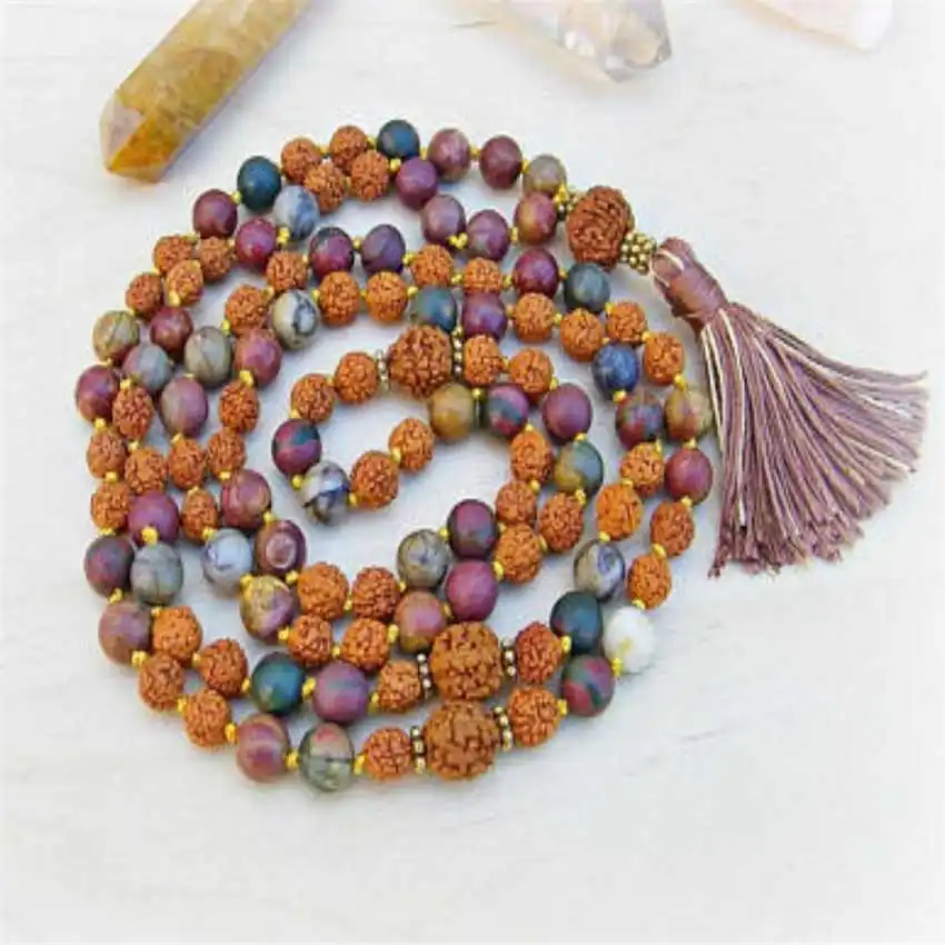 

8mm red Lepidolite Gemstone Rudraksha Mala necklace 108 Beads Meditation Spiritual Seekers Beads Relief Hipster Rustic Stone Men