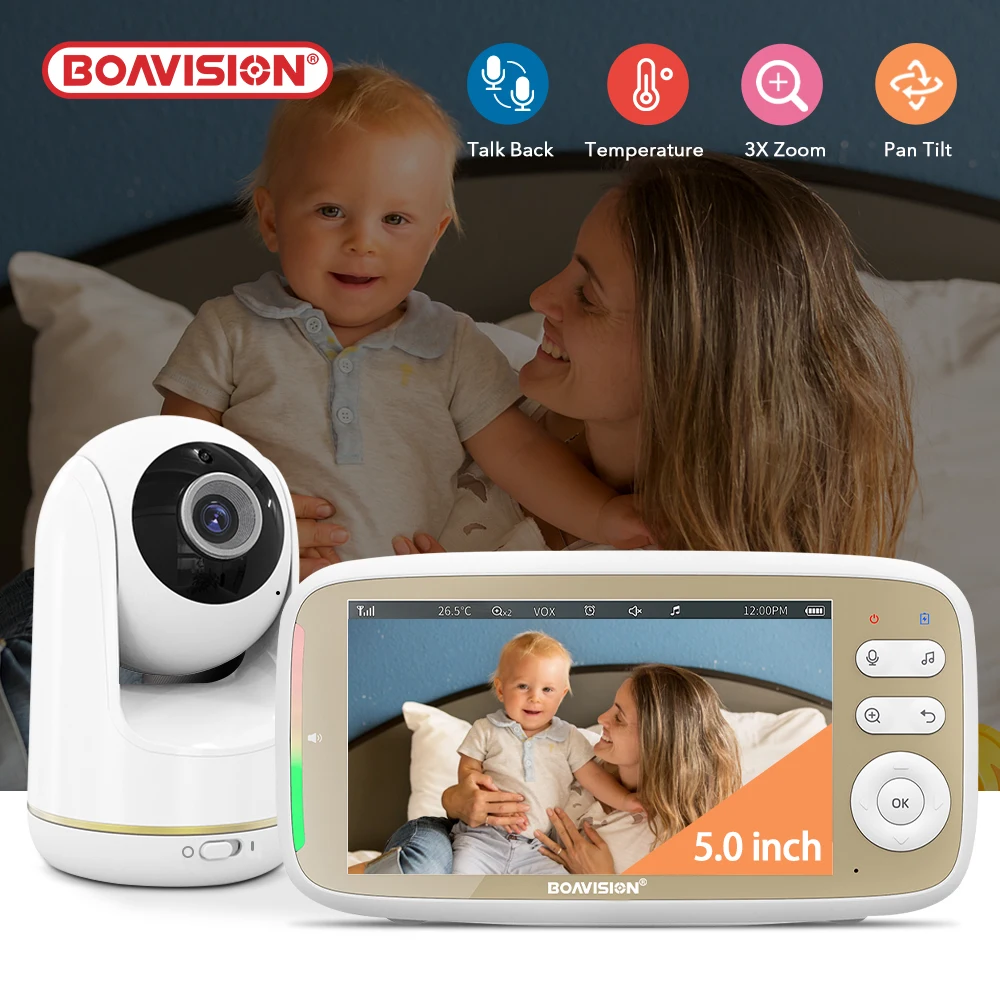 

5'' Baby Monitor 720P Larger Display With Camera 330° Pan 135° Tilt 3X Zoom 2 Way Audio Night Vision Babysitter Camera