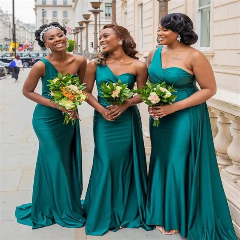 One Shoulder Bridesmaid Dresses For Africa Unique Design Full Length Wedding Guest Gowns Junior Maid Of Honor Dress Ribbon Elast