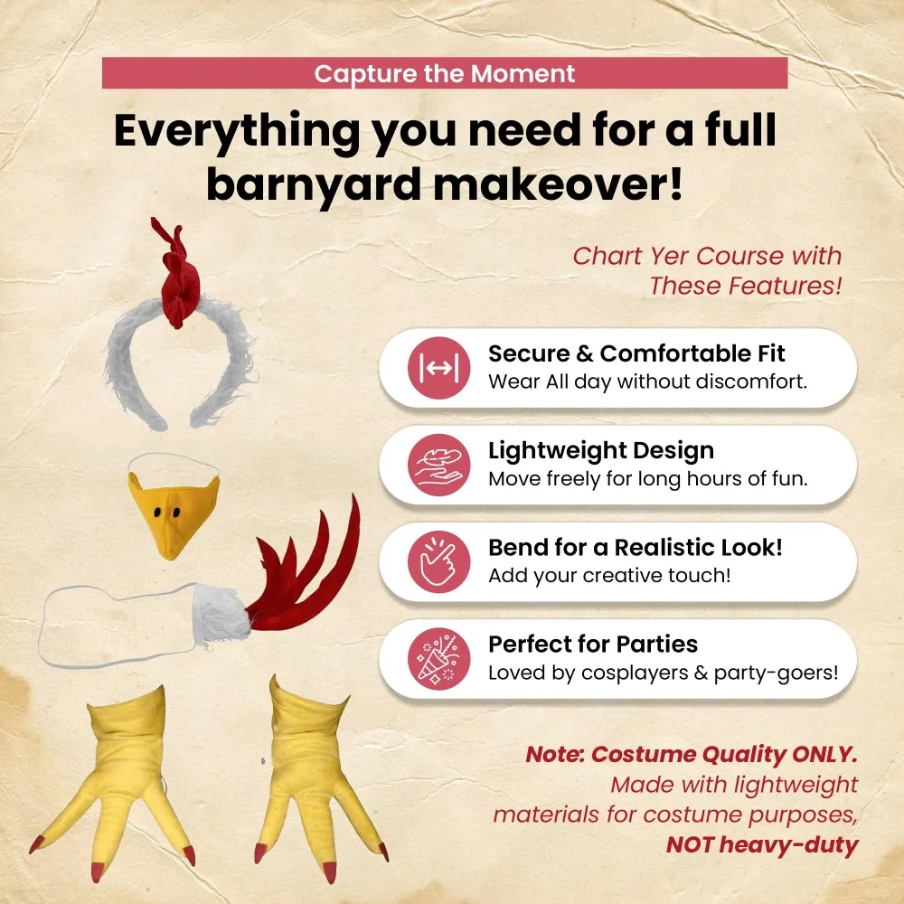 Rooster Chicken Costume Kit Chicken Headband Tail Beak Feet Men Women Halloween Cosplay Costume Accessory Set Birthday Christmas