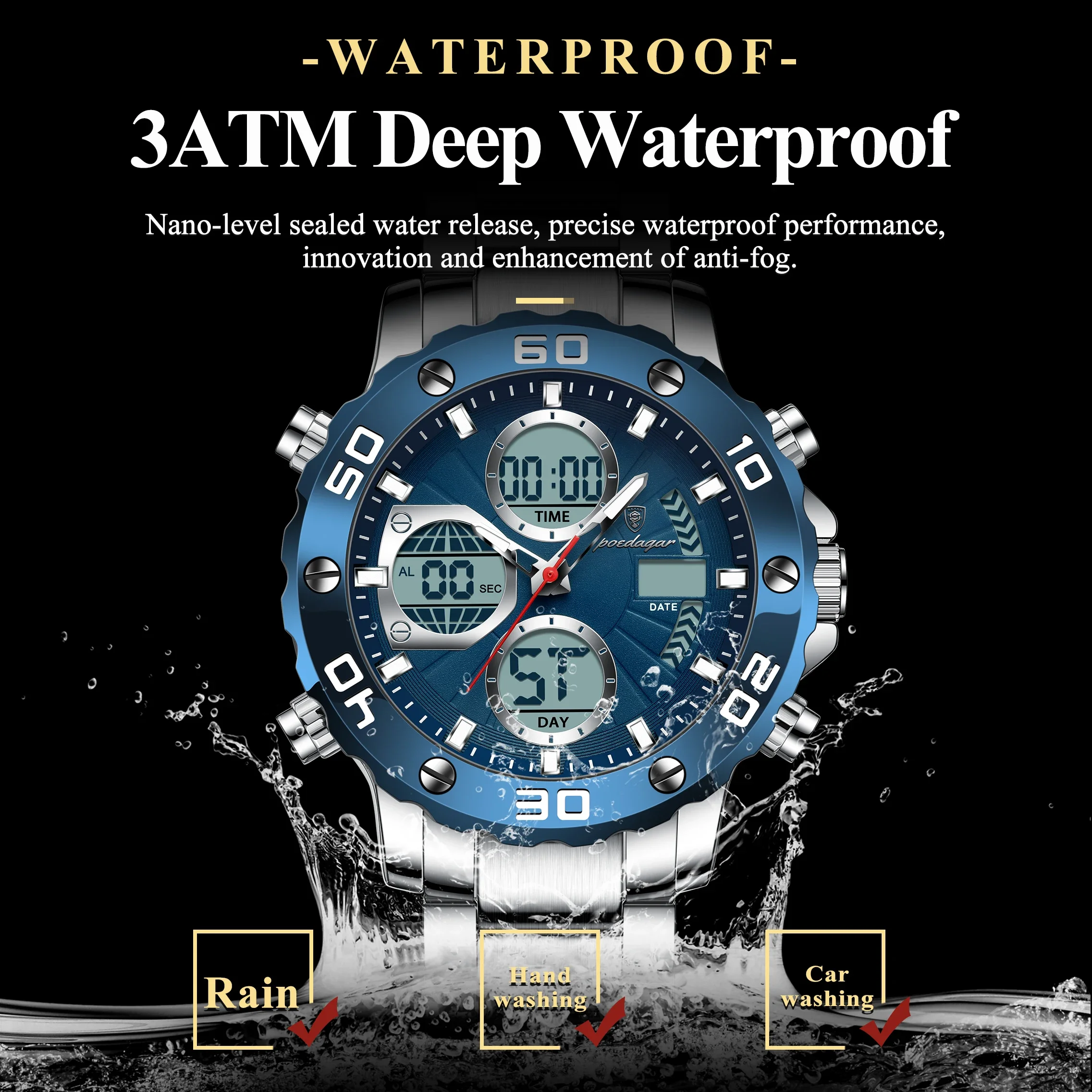 POEDAGAR Sport Wristwatch for Man LED Alarm Dual Time Display Digital Quartz Men Watch Electronic Waterproof Men's Watches Reloj