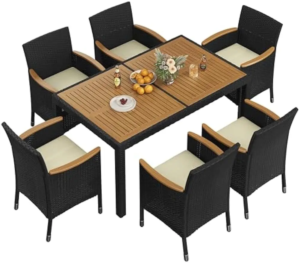 

7 Piece Patio Furniture Set, Outdoor Dining Acacia Wood Table Top Rattan Conversation Set with Soft Cushions, 6 Chairs & 1 Table