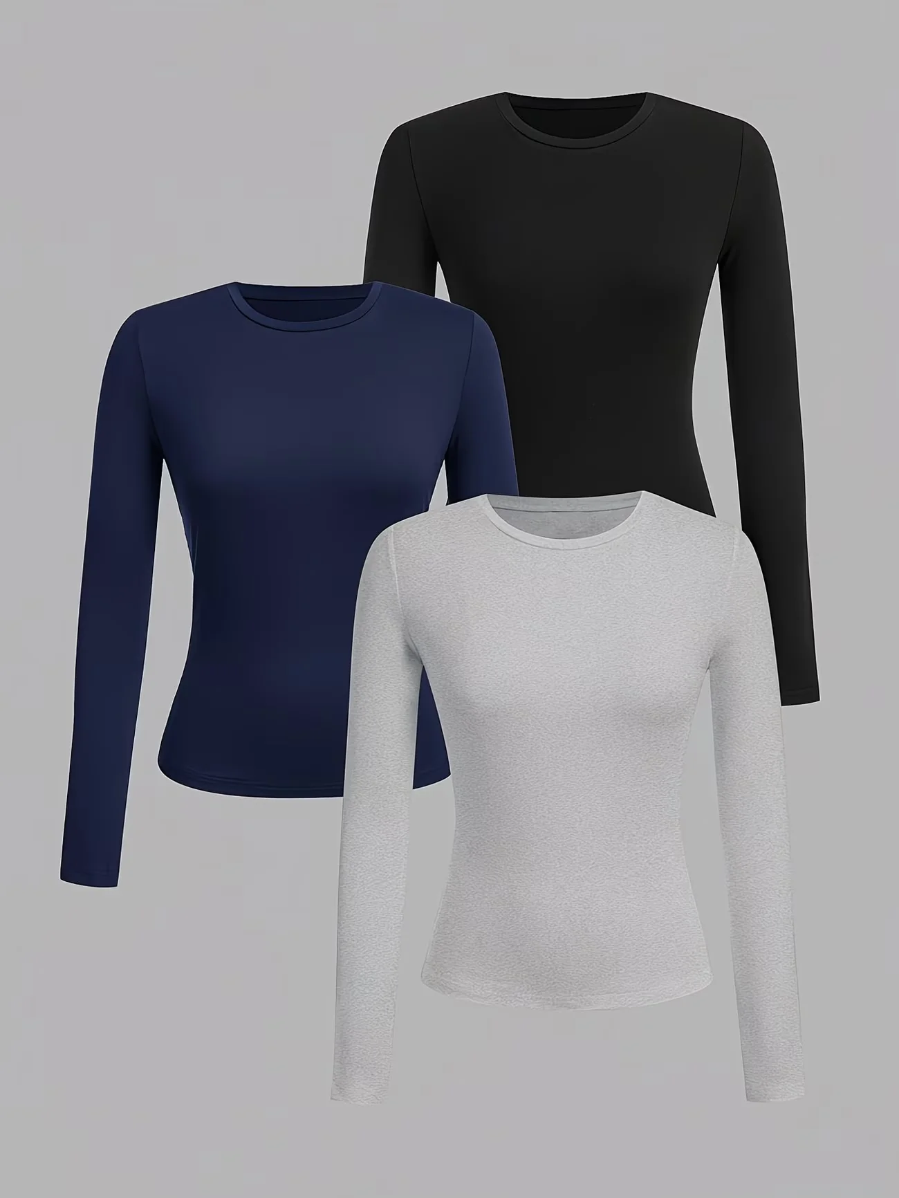 Women 3-Pack Solid Long Sleeve T Shirts Crew Neck Stretch Skinny Basic Layering Tops Casual Daily Slim Fit Outfit