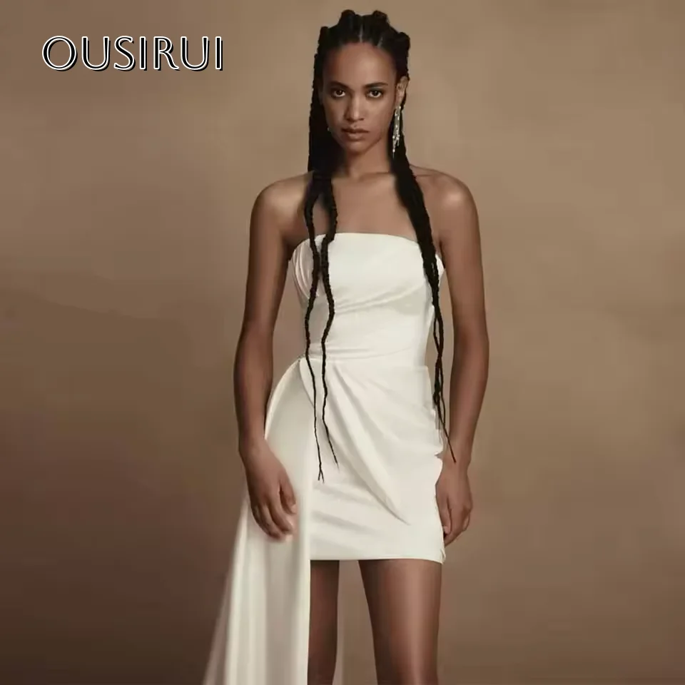 고품질 새틴 웨딩 드레스 Strapless 맞춤형 Ruffled 민소매 신부 드레스 Sweep Train robe de mariée