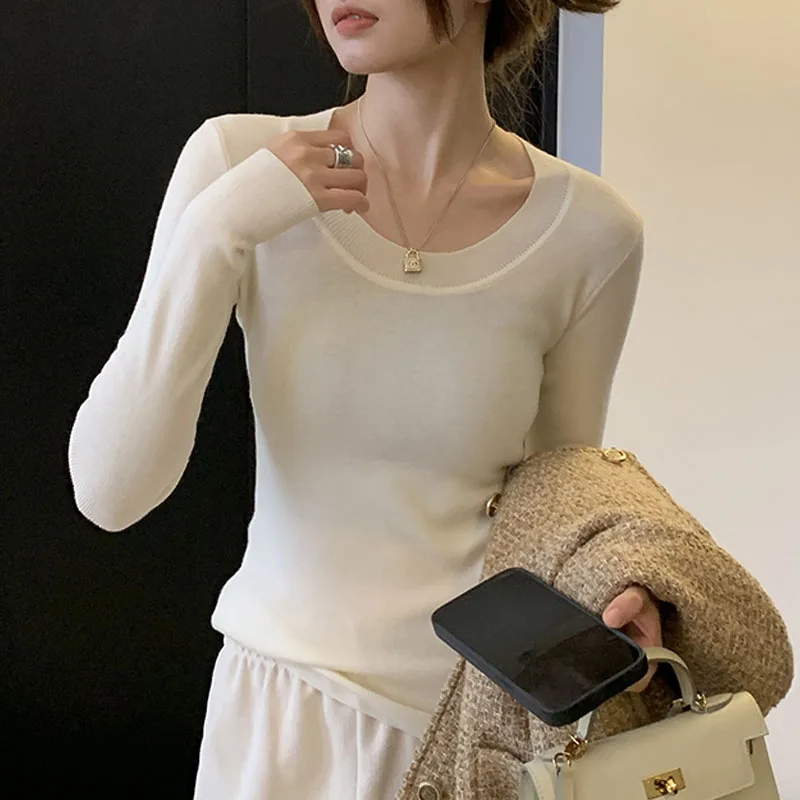

Knitted Sweater Women Pullovers New Long Sleeve O-Neck Black White Knit Sweater Pullover Women Tops Sweaters Women Clothing Q946