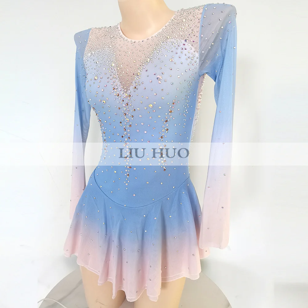 LIUHUO Ice Dance Figure Skating Dress Women Adult Girl Teen Customize Costume Performance Competition Leotard Gradient Blue Pink