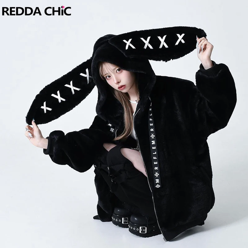 

REDDACHiC Rabbit Ear Hooded Plush Coat Women Black Long Sleeve Zip Up Faux Fur Thick Warm Oversize Jacket Lolita Winter Clothes