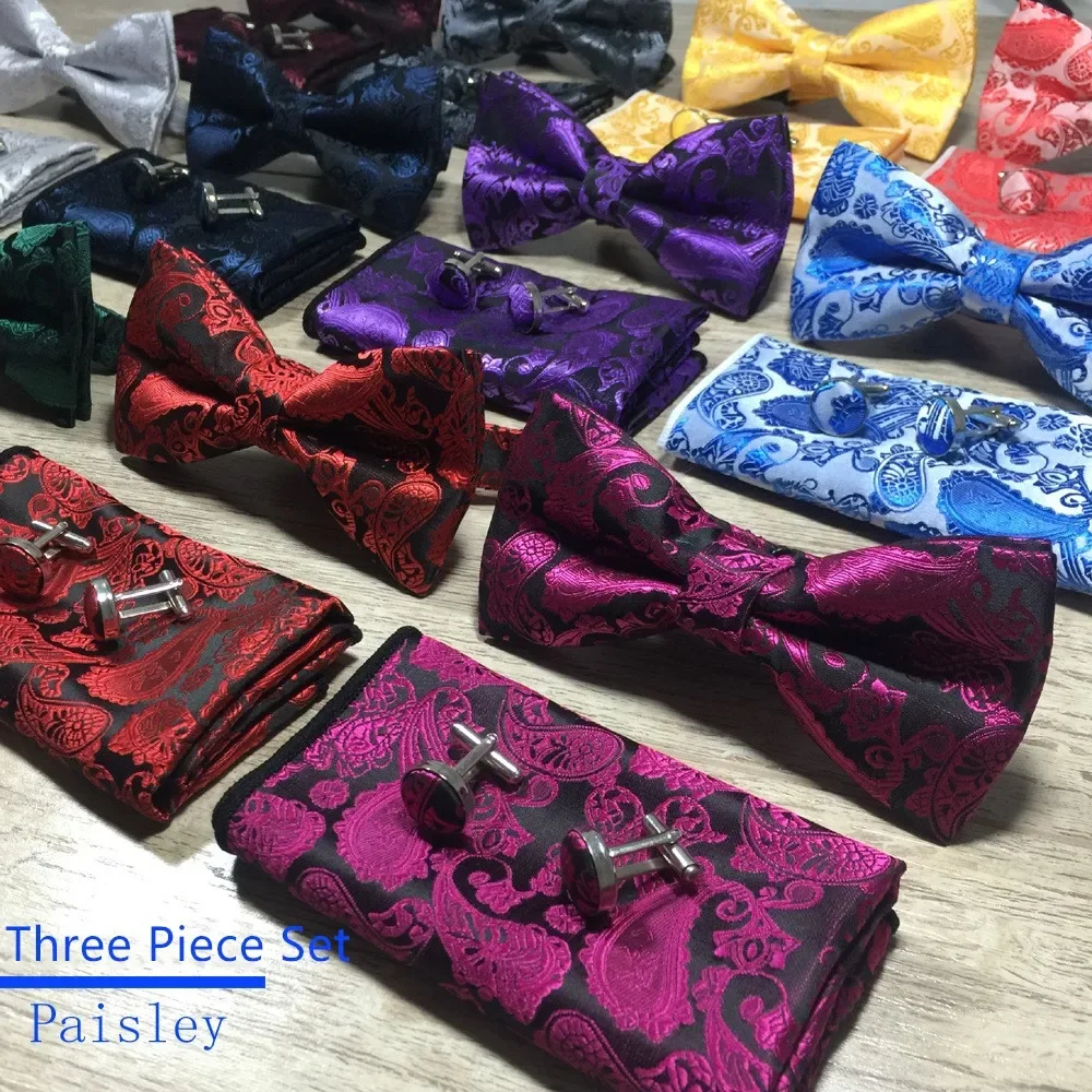 Men's Pocket Square Cufflinks Suit Paisley Cashew Bowtie Three Piece Set PROM Wedding Best Man Accessories