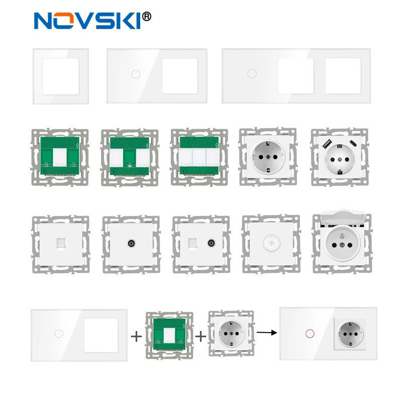 wall-mounted diy module European standard white tempered crystal glass panel socket led light switch button function combi