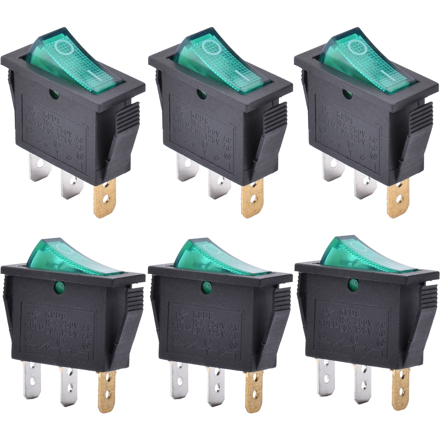 APIELE ON-Off Rocker Toggle Switch AC 125V/20A, 250V/16A with LED Light SPST 3 Pins 2 Position 6Pcs KCD3-101N