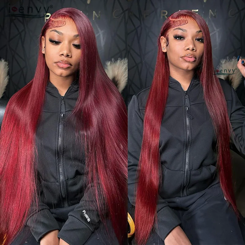 13x6 99J Burgundy Lace Front Human Hair Wig Straight 13X4 Hd Lace Frontal Wigs Pre Plucked Women Red Lace Front Wigs 32 Inches