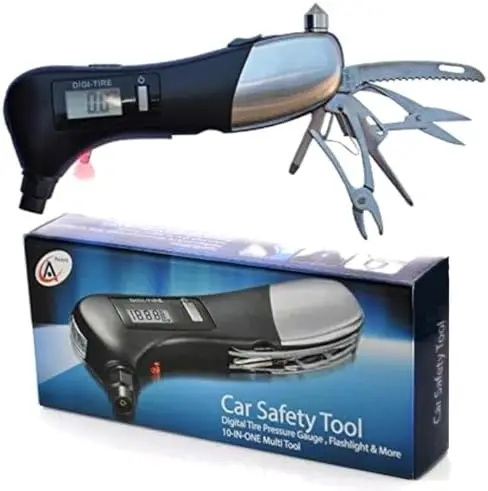 

Digital Tire Pressure Gauge 10-in-1 Car Multi-Tool with LED Light & Emergency Features – Perfect Gift