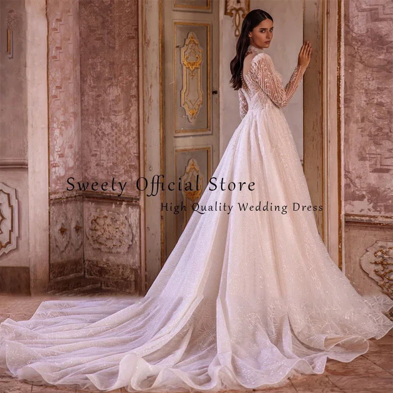 Robe de Mariée Luxueuse en Dentelle Brodée sur Filet, Tenue de Bal à Perles, Col Haut, Manches sulf, lèvent