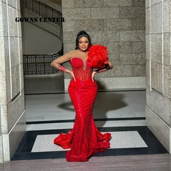 African Red Beaded Mesh Long Sleeve Aso Ebi Mermaid Evening Gown For Elegant Party Wedding Party Formal Dress robe de gala