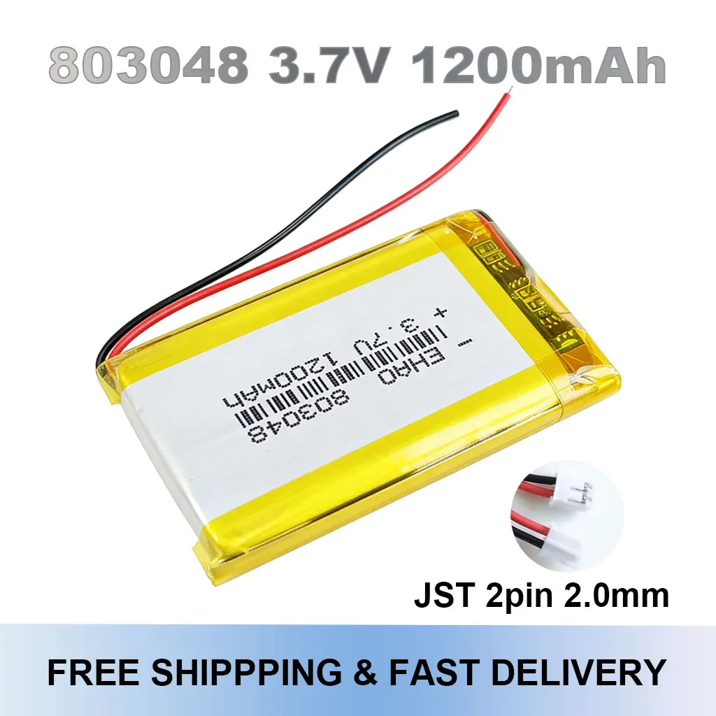 

803048 3.7V 1200mAh Lithium Polymer Battery JST 2Pin Connector For GPS Navigator Camera Bluetooth Headset Recorder Headlight