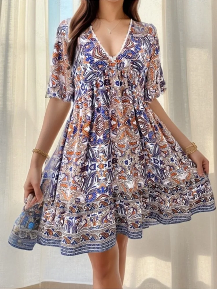 Minivestido bohemio con estampado Floral para mujer, vestido de manga corta con cuello de pico, informal, holgado, para vacaciones y playa, verano
