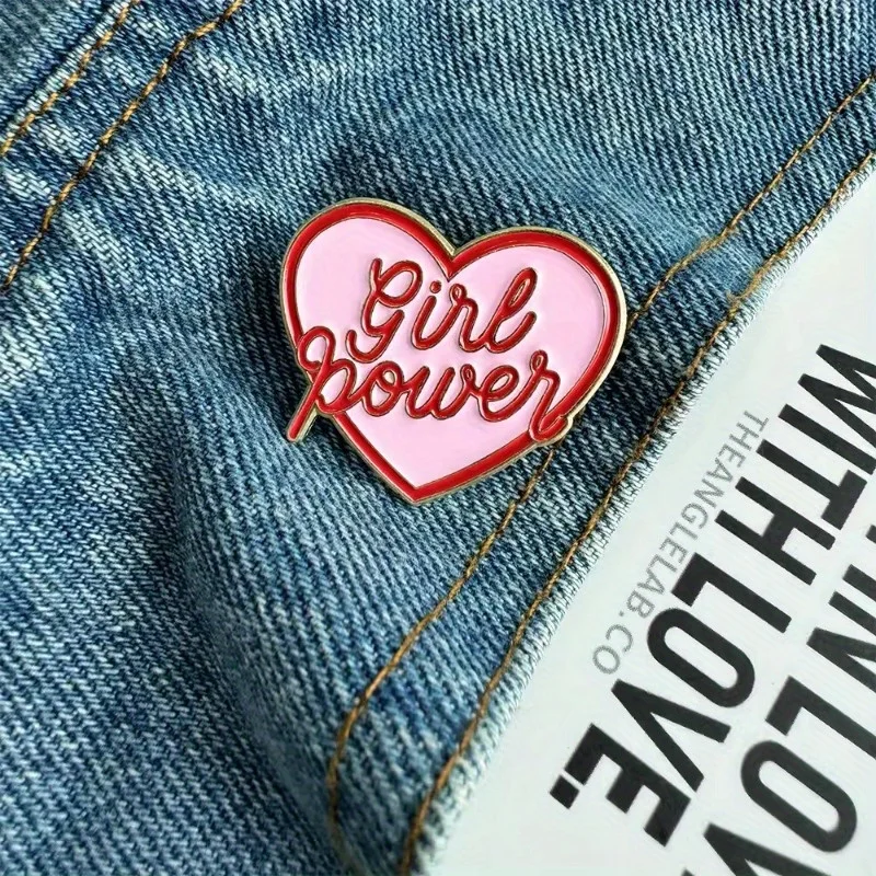 1pc 'Girl Power' Pink Heart Enamel Pin For Girls, Feminine Motivation Metal Badge, Fashion Accessory, Elegant Style Brooch