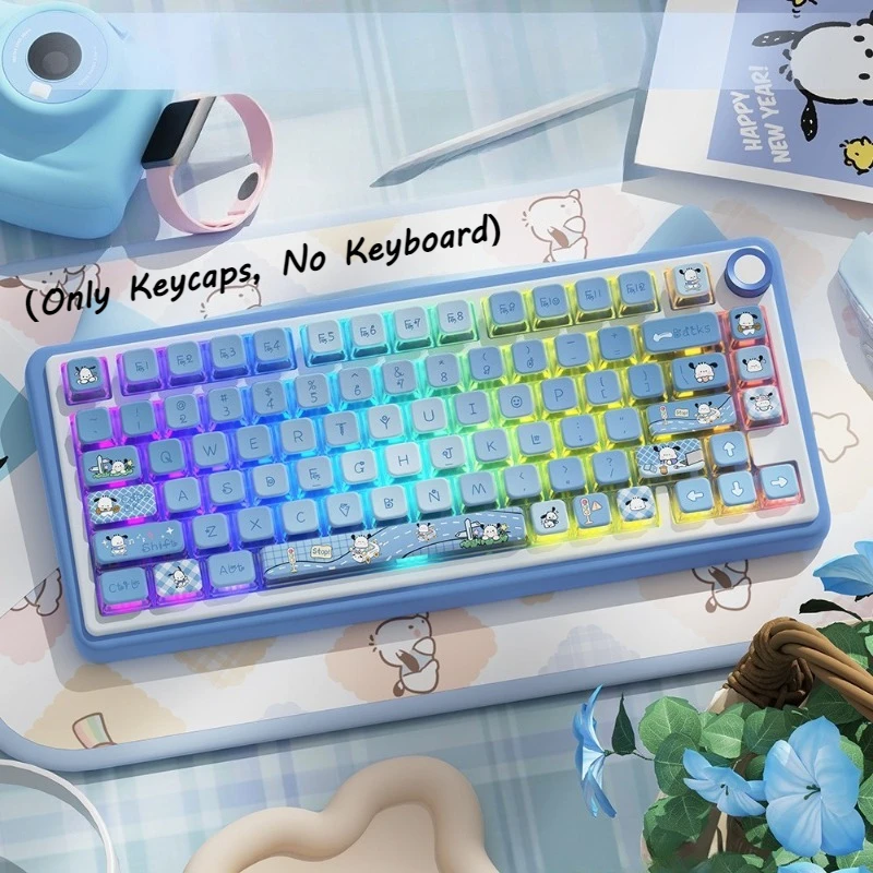 

Тематические колпачки для клавиш Sanrio Pochacco, набор 122 клавишных колпачков для механических аксессуаров для клавиатуры, четырехсторонний полупрозрачный материал PBT, колпачки для клавиш