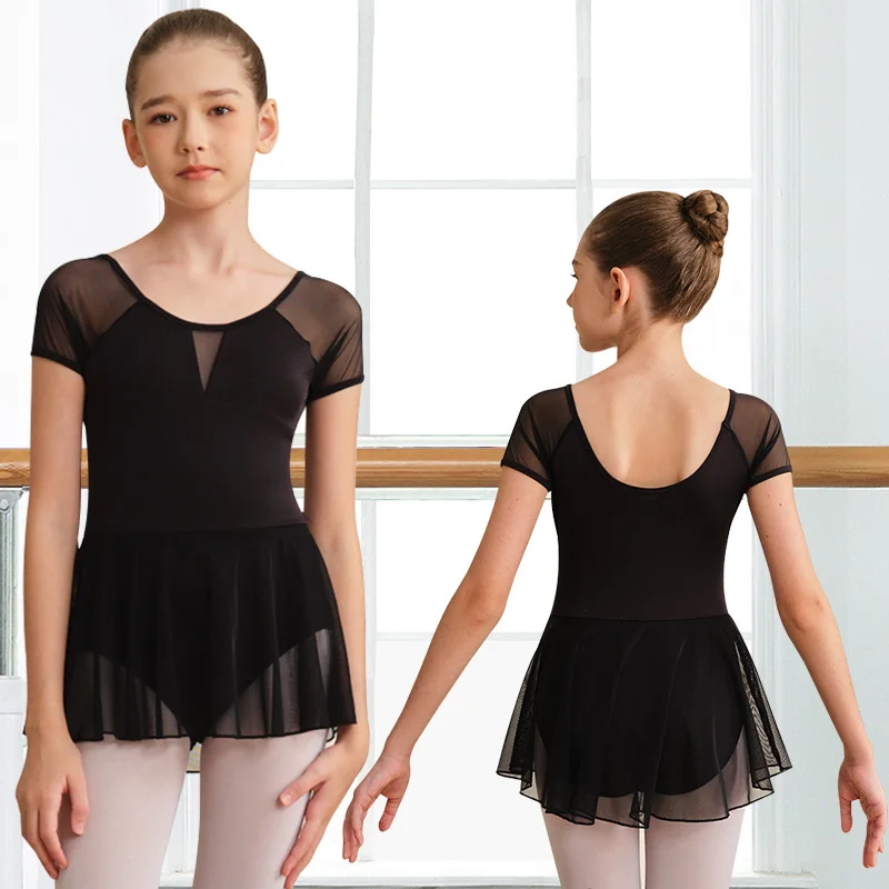 Girls Short Sleeve Mesh Dress Ballet Dance Leotard for girl Gymnastics Dance Practice Skirts with Soft Lining Dance Leotards