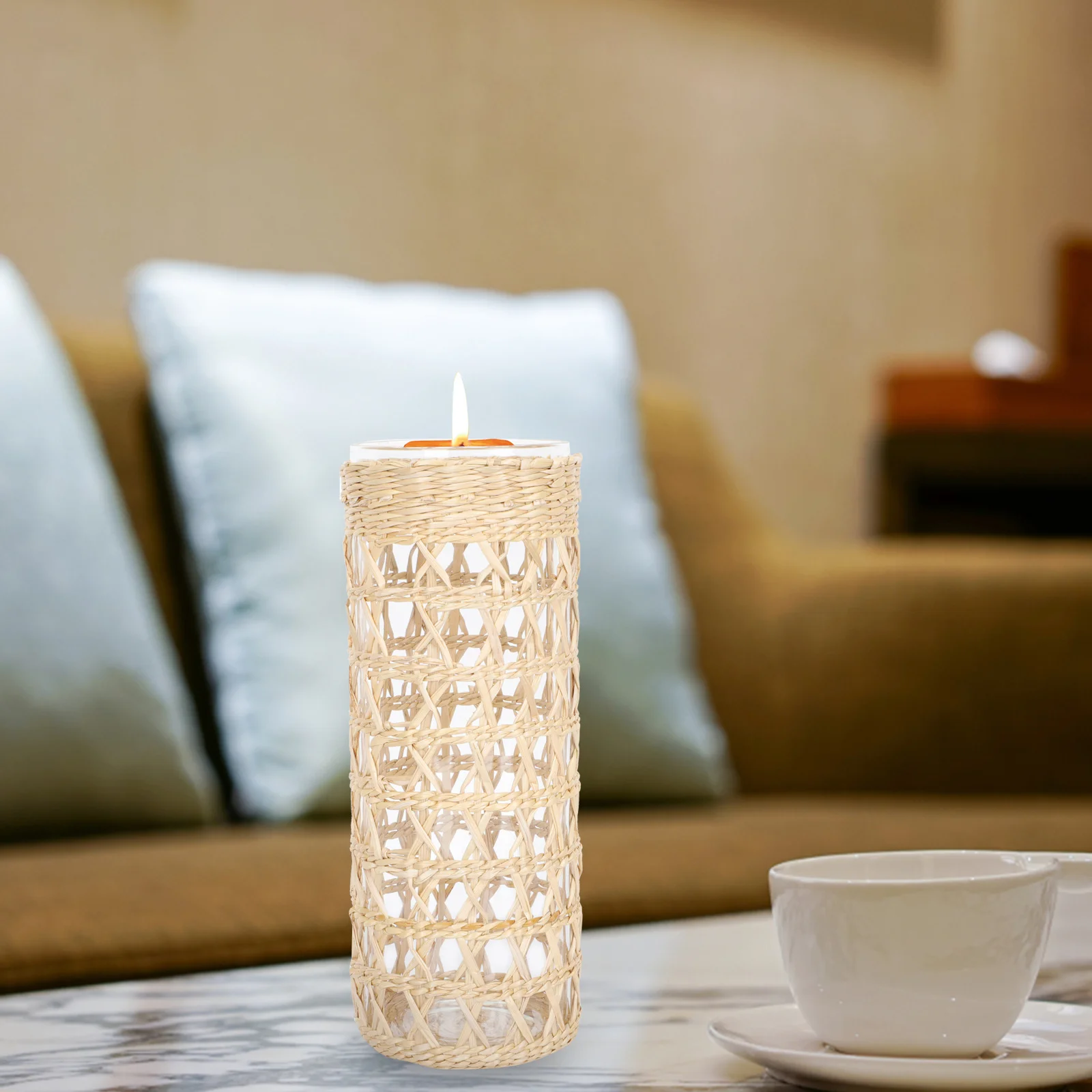 Aromatherapy Glass Cup Straw Weaving Decorative Holder Home Wedding Party Table Decor Candles Cup Holders