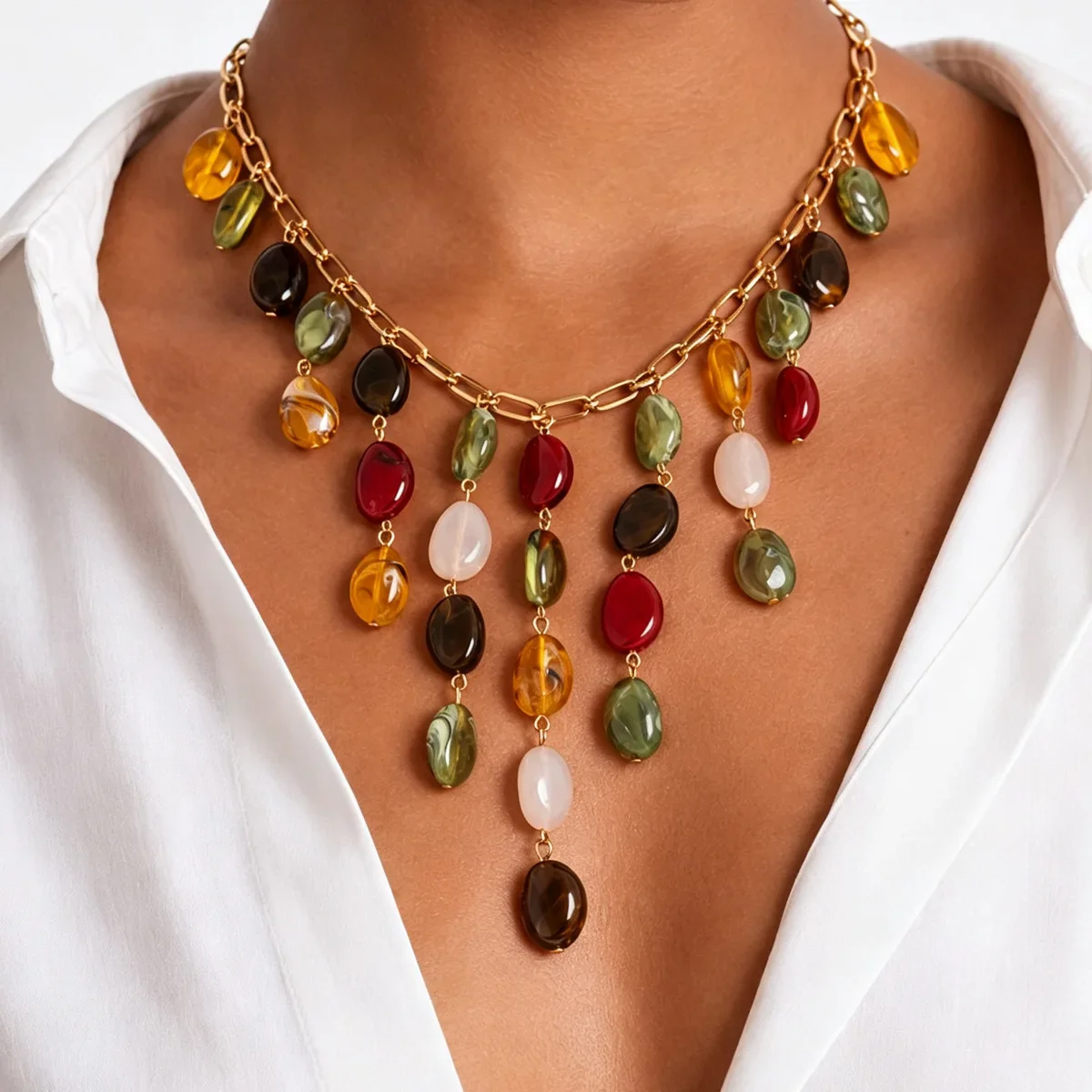 Bohemian Ethnic Style Irregular Resin Pendant Tassel Necklace, Women's High-End Vintage Metal Collarbone Chain Jewelry