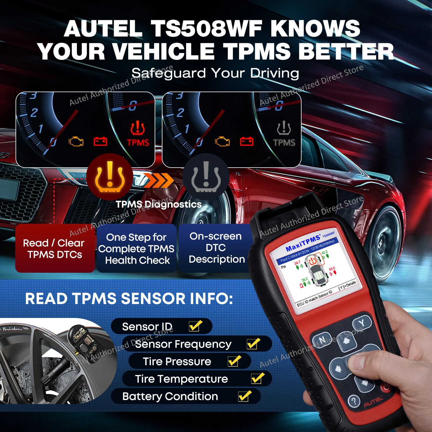 Autel MaxiTPMS TS508WF KIT TPMS أداة تشخيصية عبر 4 قطعة أجهزة استشعار Autel MX، أداة إعادة تعلم Obd2 TPMS تحديث مجاني، تمت ترقيتها من TS508