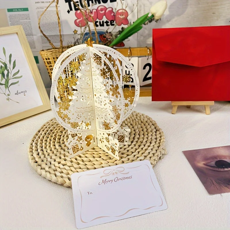 Handgefertigte 3D-Pop-Up-Weihnachtskarte mit goldenem Schneeflocken-Kristallkugel-Design, Vintage-Blumengruß, Feiertags-Party-Dekoration