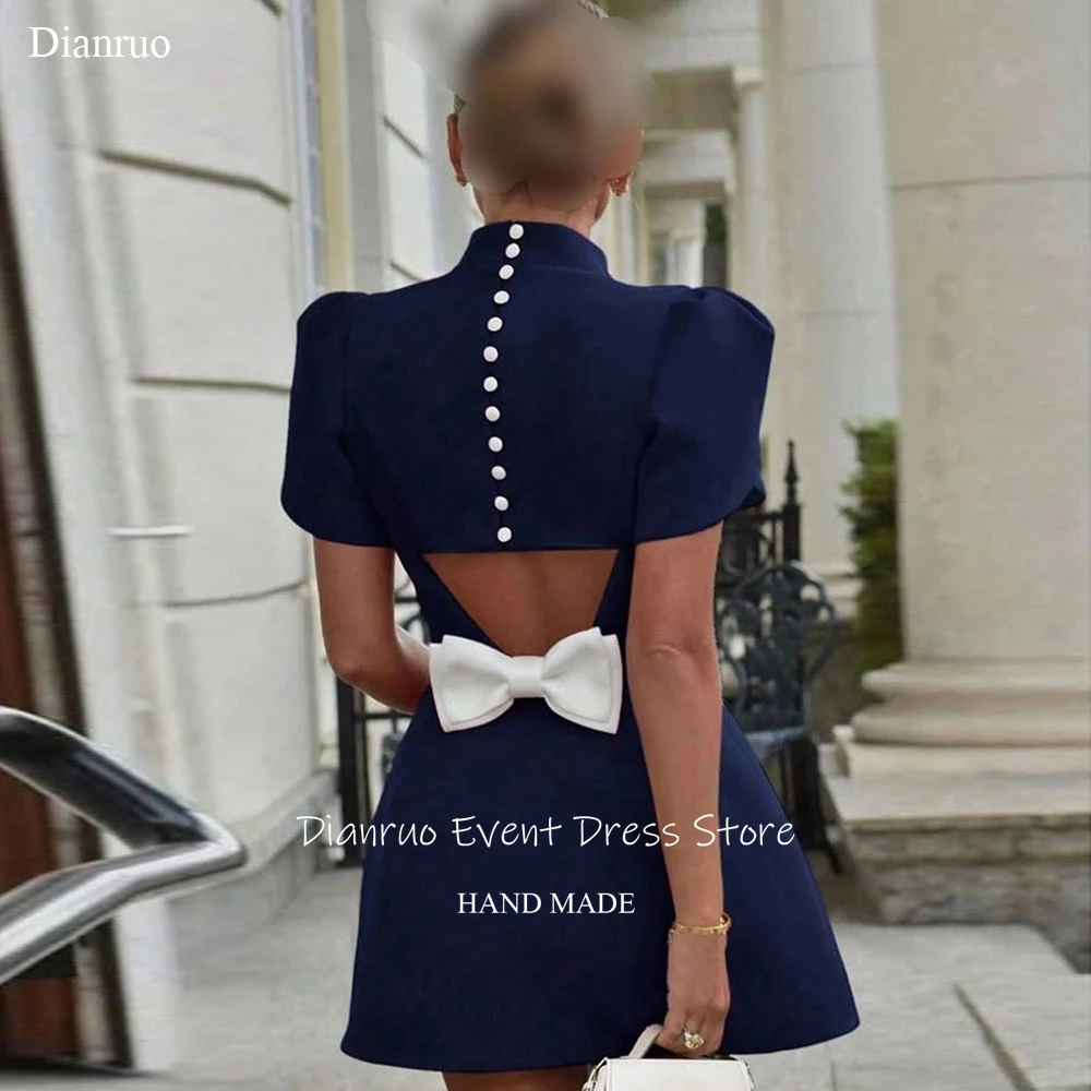 

Dianruo Navy Blue High Neck Prom Dresses Backless Bow Vestidos De 15 Quinceañera A Line Handmade Vintage Party Gowns Customized