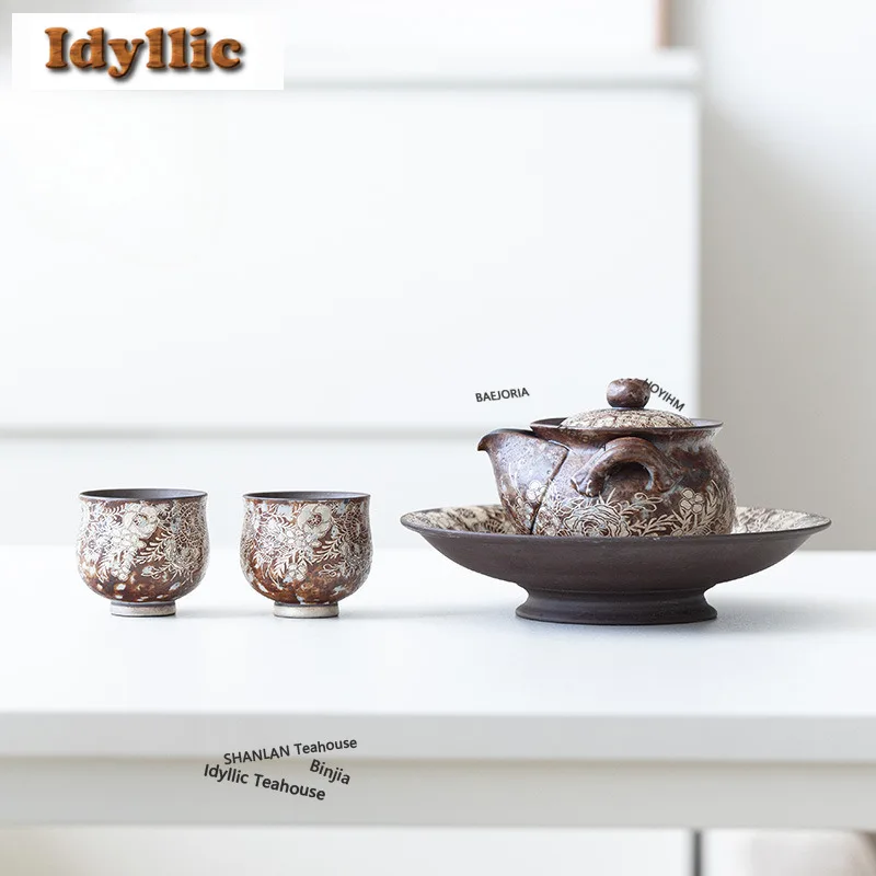 Old Rock Mud Flwoer Tea Set Complete Set Antique Tea Ceremony Set Tea Making Teapot And Tea Cup Set Teaset Accessories Craft