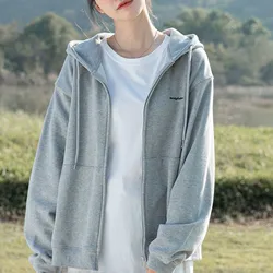 Gray Zip Up Hoodies 2024 New Casual Oversized Hoodie Pocket Drawstring Long Sleeve Autumn Sweatshirt Sudaderas Para Mujer