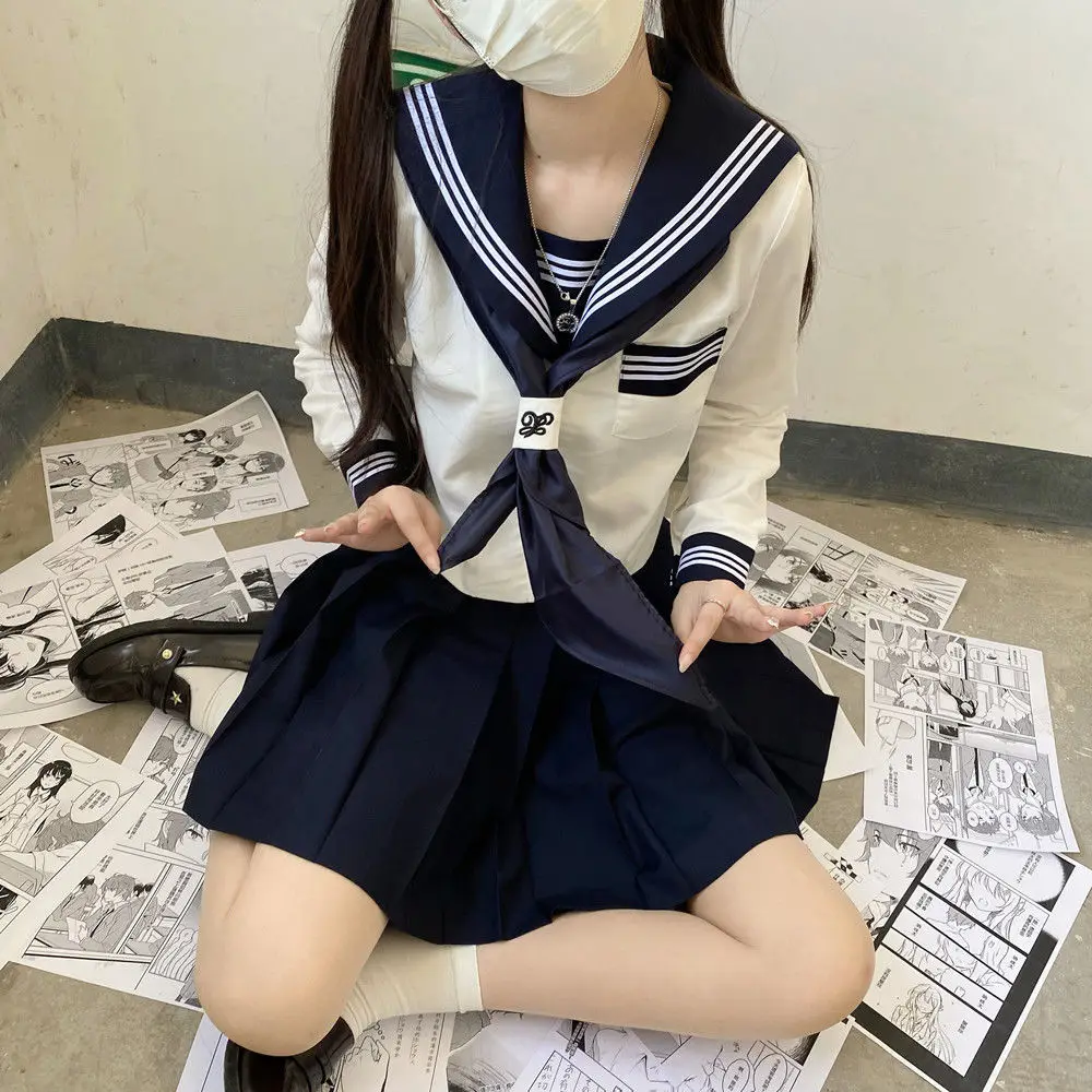 Mulheres do Ensino Médio Azul Marinho Saia Plissada Uniforme, Japão Jk Uniformes, Menina Branco Marinheiro Terno Blusa, Seifuku Cos Estudante